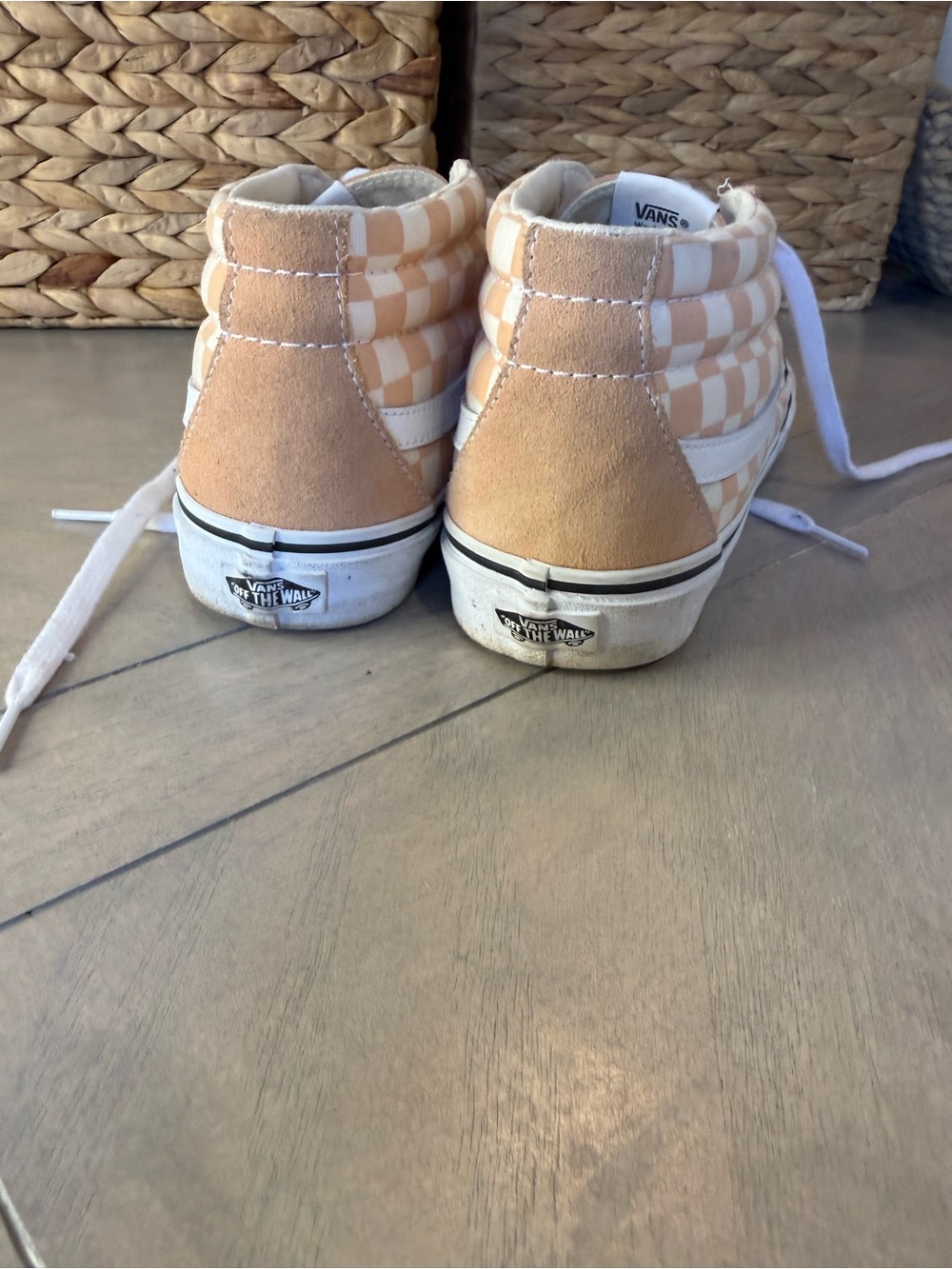 Vans Checkerboard High-Top Sneakers in Beige and White - Picture 7 of 8